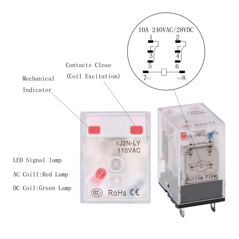 Electromagnetic Power Relay, 8-Pin 10 AMP 110-120V AC Relay Coil with Socket Base, LED Indicator, DPDT 2NO 2NC - LY2NJ [Applicable for DIN Rail System] 110VAC 8Pin - High Current - 10A