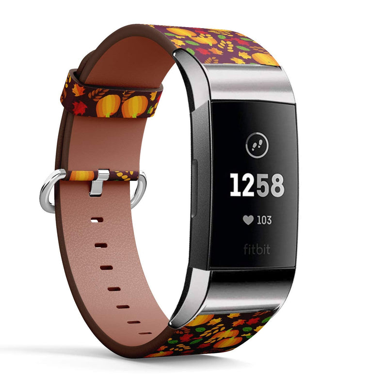 Compatible with Fitbit Charge 4 / Charge 3 / Charge 3 SE - Leather Watch Wrist Band Strap Bracelet with Stainless Steel Adapters (Happy Thanksgiving Celebrate)