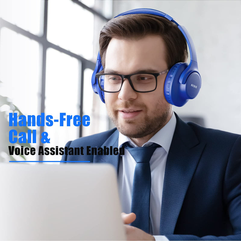 Bluetooth Headphones Over Ear,KVIDIO 55 Hours Playtime Wireless Headphones with Microphone,Foldable Lightweight Headset with Deep Bass,HiFi Stereo Sound for Travel Work Laptop PC Cellphone (Blue) Blue
