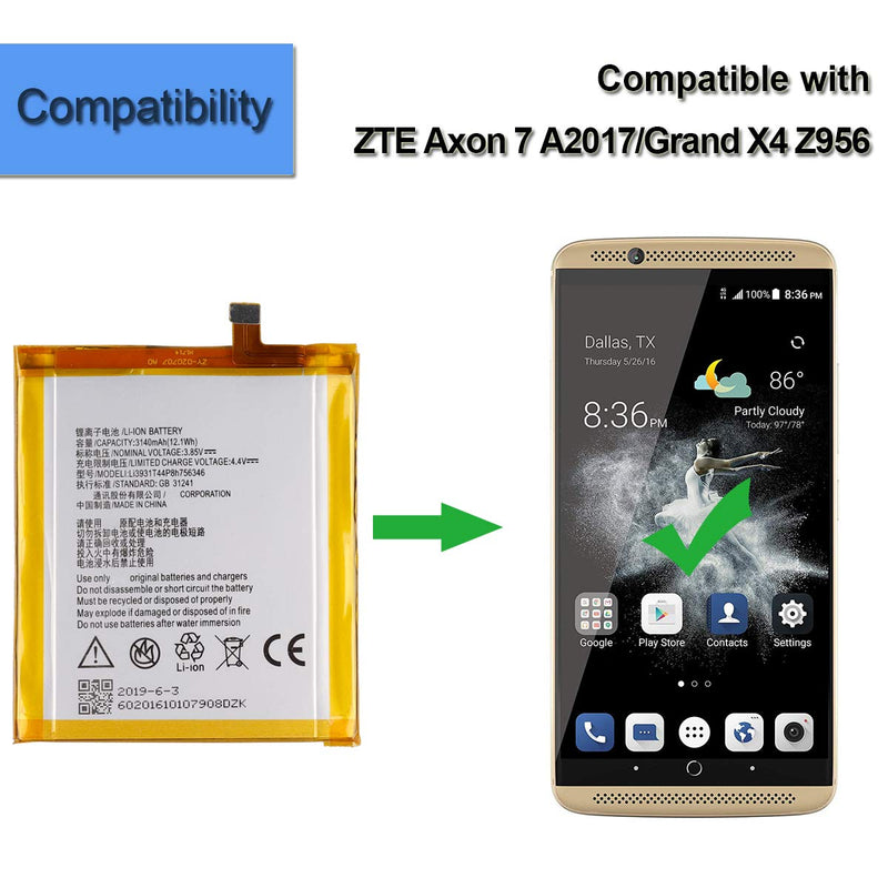 Li-Polymer Replacement Battery Li3931T44P8h756346 Compatible with ZTE Axon 7 A2017 A2017U ZTE Grand X4 Z956 with Tools