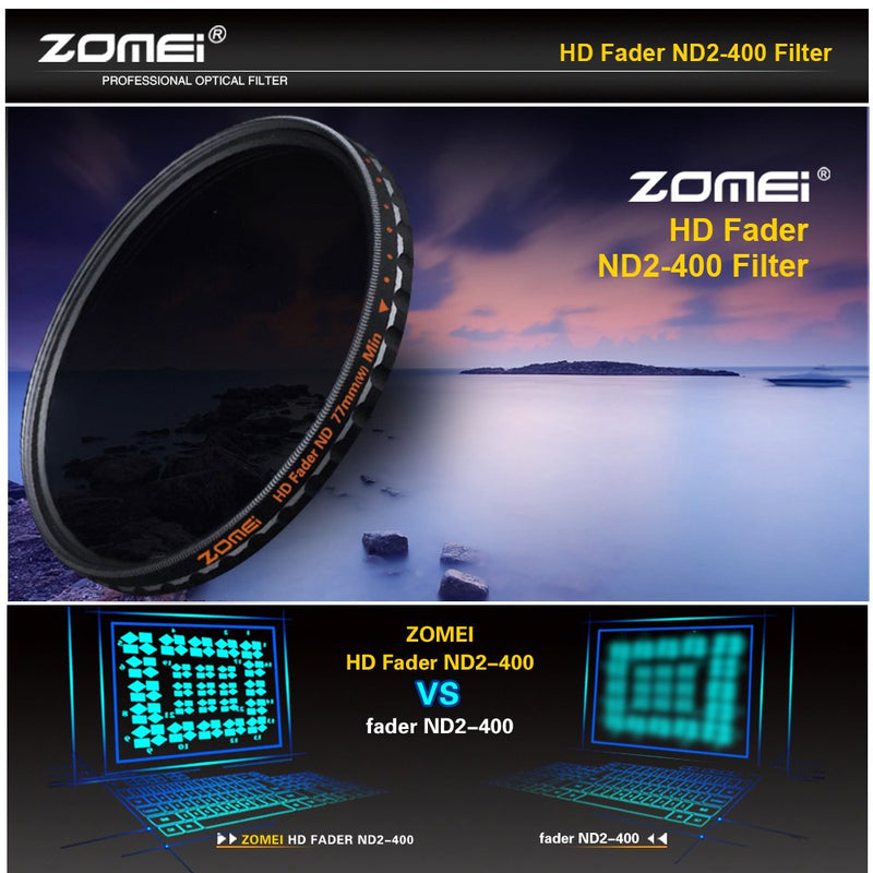 Zomei 58mm HD Ultra Slim 18 Layer Super Multi-Coated ND2-ND400 Fader Variable Neutral Density Lens Filter Adjustable ND Filter German Schott Optical Glass