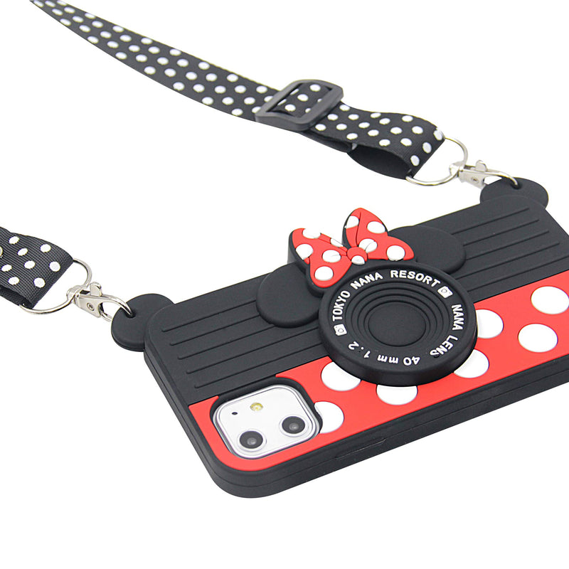 MC Fashion iPhone 12 Mini Case, Cute 3D Minnie Mouse Camera Case with Polka Dots Lanyard, Shockproof Protective Soft Silicone Case for iPhone 12 Mini 5.4 inch 2020