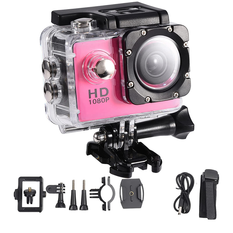 Action Camera 12MP Waterproof 30m Outdoor Sports Video DV Camera 1080P Full HD LCD Mini Camcorder with 900mAh Rechargeable Batteries and Mounting Accessories Kits(Pink) Pink