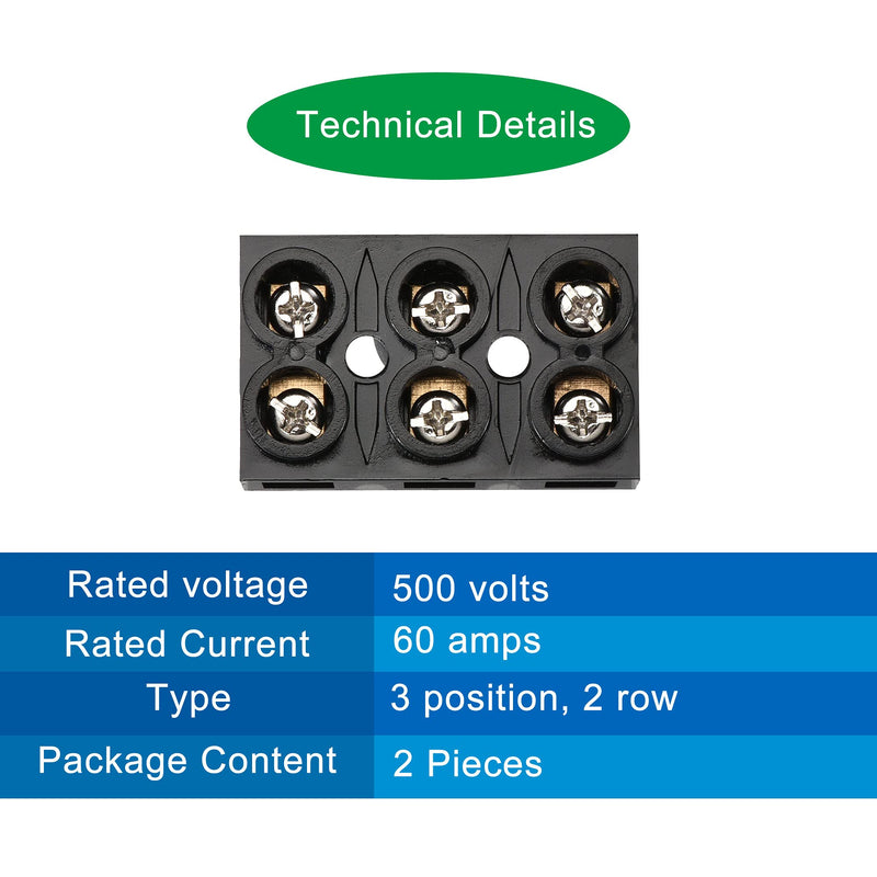 MECCANIXITY Terminal Block 500V 60A Dual Row 3 Positions Screw Electric Barrier Strip 2 Pcs