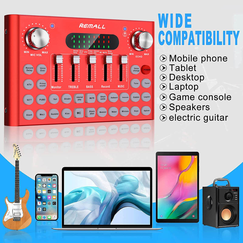 REMALL Podcast Equipment Bundle, V8 Sound Card With Audio Mixer for Streaming, Sound Card for Microphone with Voice Changer Sound Effects Board,Sound Mixer for Streaming Gaming Phone PC 007red