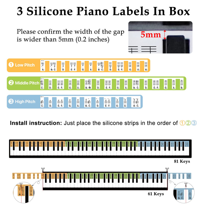 Removable Piano Keyboard Note Labels, YUOROS 61/88-Key Piano Note Guide for Beginners Learning Piano Accessories, Reusable and Comes with Box (Black) Black