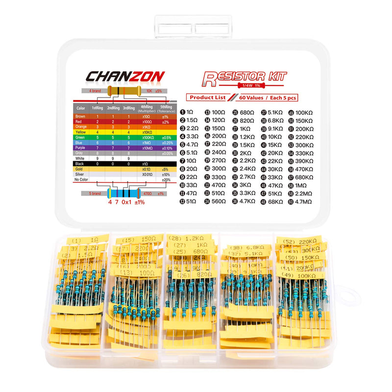 Chanzon 60 Values 1/4w (0.25 watt) Metal Film Fixed Resistor Kit 300pcs 1R-4.7MR Ω ohm ±1% Tolerance 0.01 MF Through Hole Resistors Assortment Current Limiting Rohs Certificated