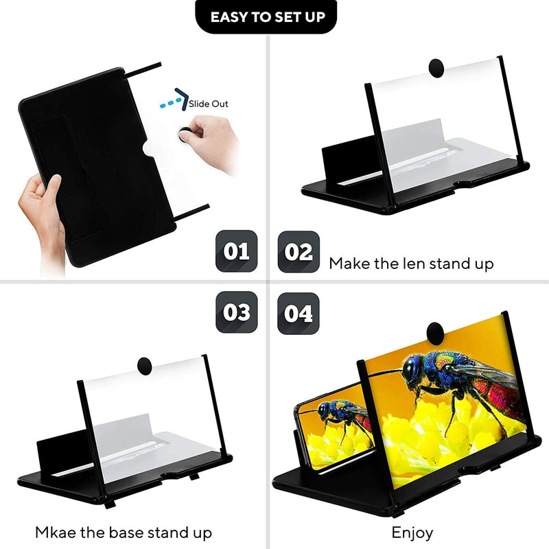 12'' Screen Magnifier For Cell Phone|Mobile Phone Magnifying Projector Screen With Stand.3D Portable Universal Screen Amplifier For Video And Gaming | Screen Magnifying Phone Mount For All Smartphones Black