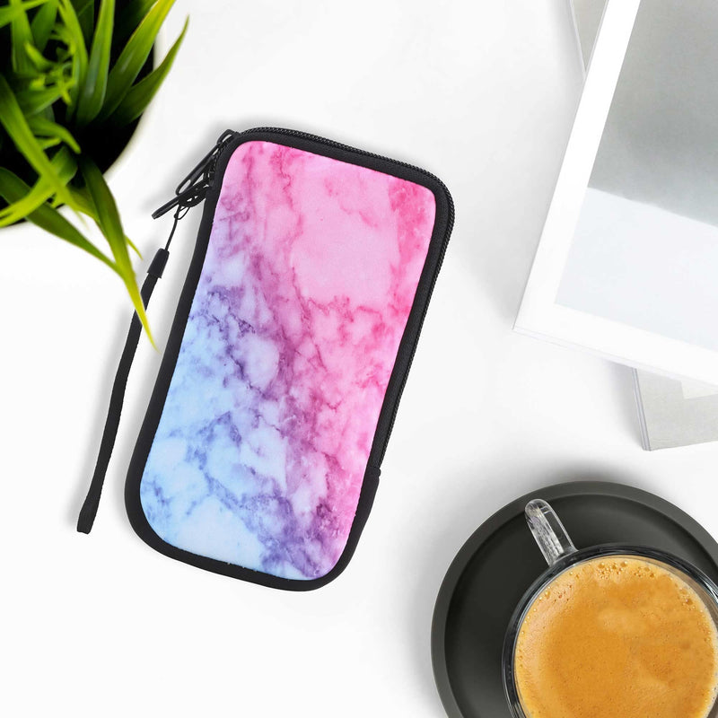 kwmobile Neoprene Sleeve for Smartphone Size XL - 6.7/6.8" - Shock Absorbing Pouch Case - Protective Phone Bag - Marble Light Blue/Violet/Dark Pink Marble 23-38-08