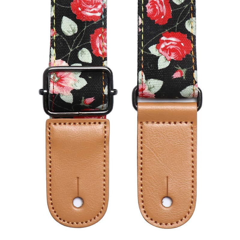 Ukulele Strap, IHOBOR Hawaiian Black Rose Ukelele Shoulder Strap, Suitable for Soprano Concert Tenor Baritone String Instruments