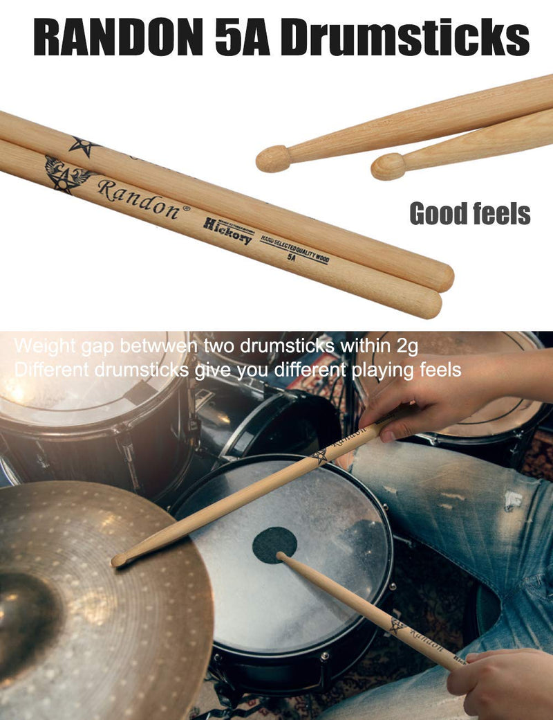 Randon Drumsticks American Hickory Classical 5A Tip Drum sticks for Students Kids Adults Beginner Drummer with Drawstring Bag and Silicone Drum Mute Damper(2 pairs)