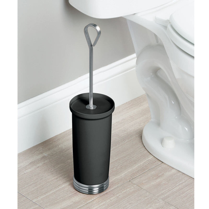 mDesign Compact Freestanding Plastic Toilet Bowl Brush and Holder for Bathroom Storage, Decorative Steel Handle and Base, Non-Skid - Sturdy, Deep Cleaning - Black/Chrome