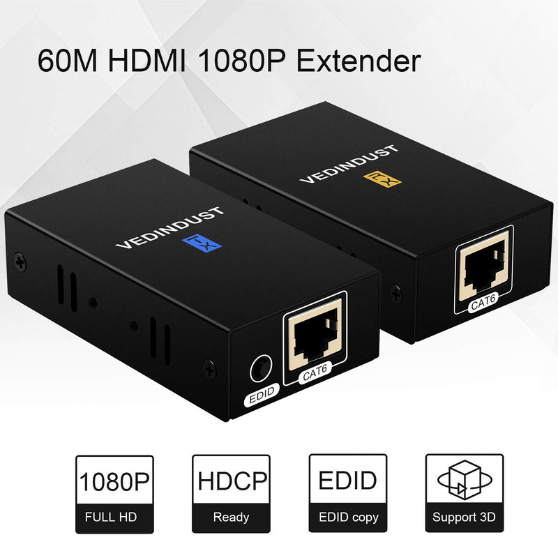 HDMI Extender 200ft HDMI Over Single Cat5e/6/7 Digital HDMI Ethernet HDMI Repeater Balun Sender Transmitter Receiver Support 1080p 3D HDMI 1.4a HDCP Compatible with Fire Stick Roku Blue-ray