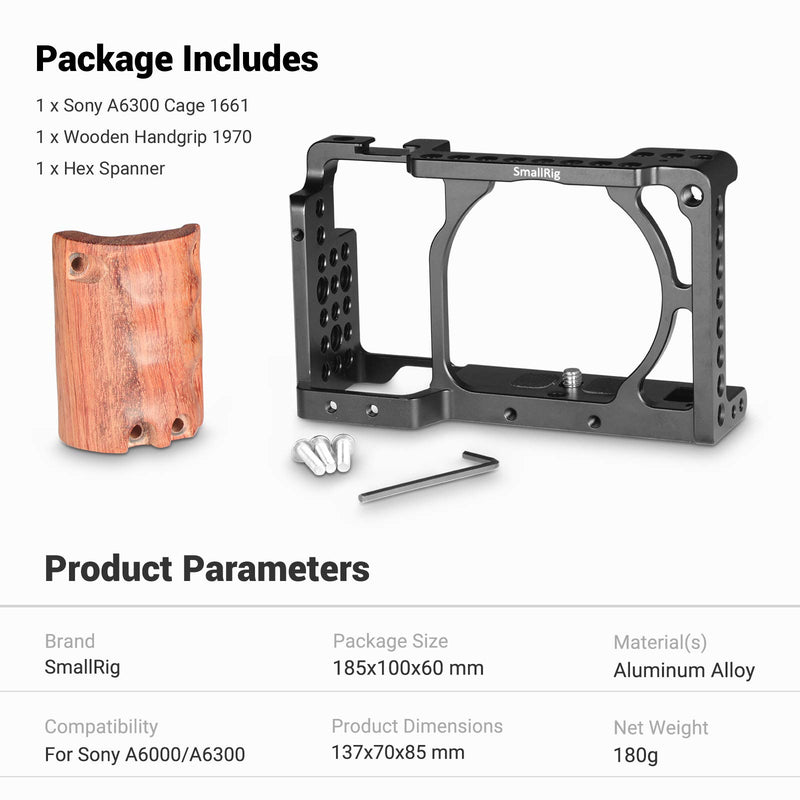 SMALLRIG Camera A6300 Cage for Sony A6000 / A6300 with Wooden Handle Handgrip - 2082