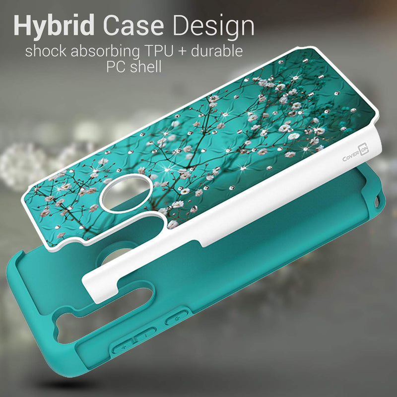 CoverON Bling Hybrid Aurora Series Diamond Bling Rhinestone Dual Cover for Motorola Moto G Stylus Case - Cherry Blossom Flower Tree