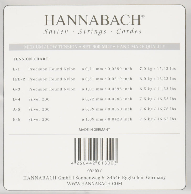 Hannabach 652657 Series 900 Silver 201 Low Tension String Set for Classic Guitar Medium/Low Tension