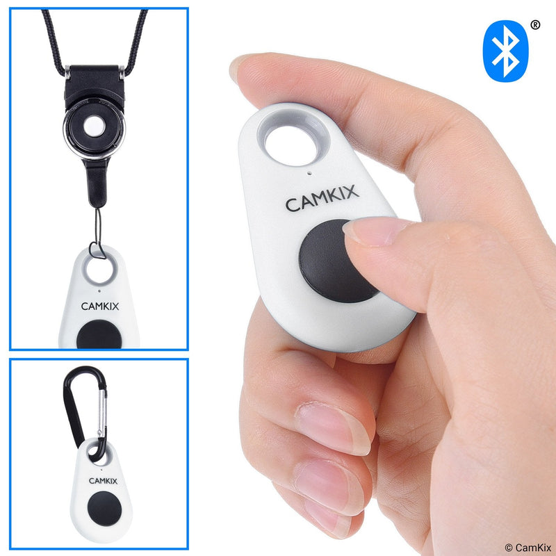 CamKix Camera Shutter Remote Control with Bluetooth Wireless Technology - Drop Style - Compatible with iPhone/Android - One Button Control - Carabiner and Lanyard with Detachable Ring Included White