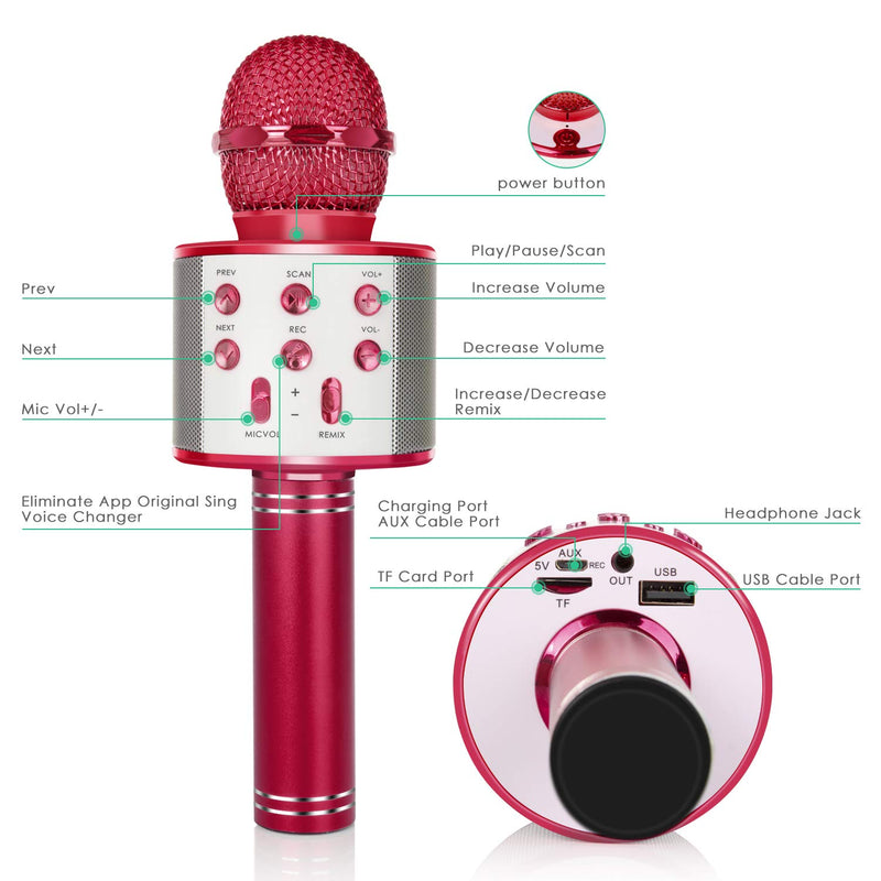 KIDWILL Wireless Bluetooth Karaoke Microphone, 5-in-1 Portable Handheld Karaoke Mic Speaker Player Recorder with Adjustable Remix FM Radio for Kids Adults Birthday Party KTV Christmas (Red) Red