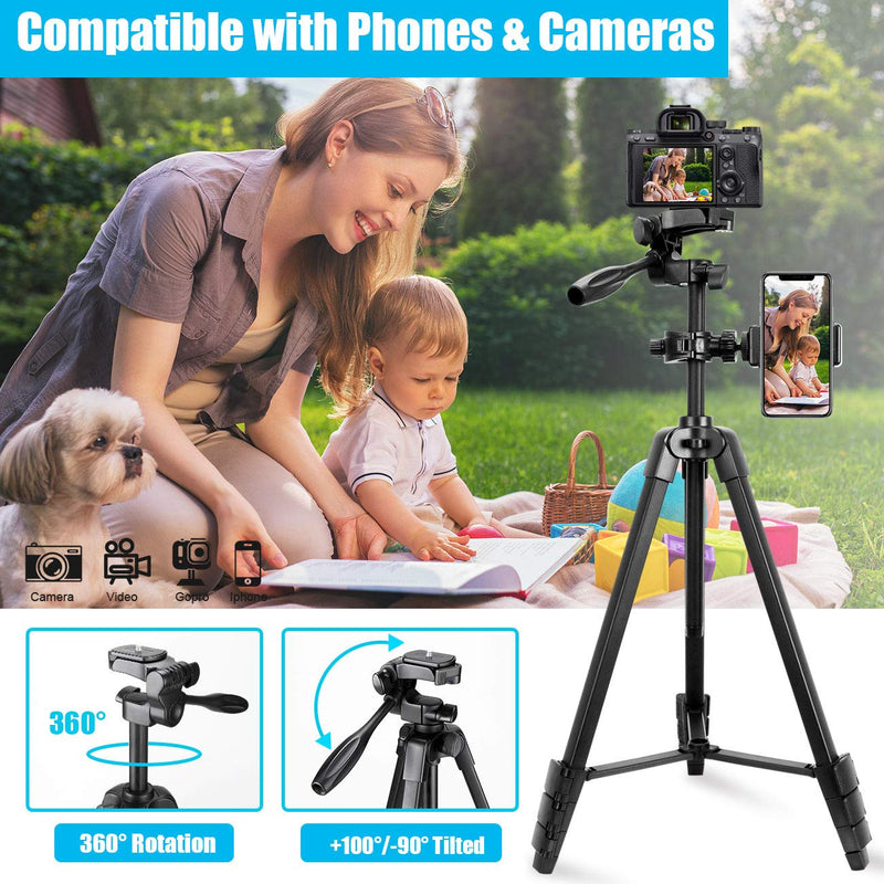 Lusweimi Tripod for iPhone/Camera, 55-Inch Selfie Phone Tripod Stand with Bluetooth Remote&2 Phone Holders, Aluminum Lightweight Tripod Bag for Video/Vlog/Photography/Nikon/Canon/Sony Mirrorless