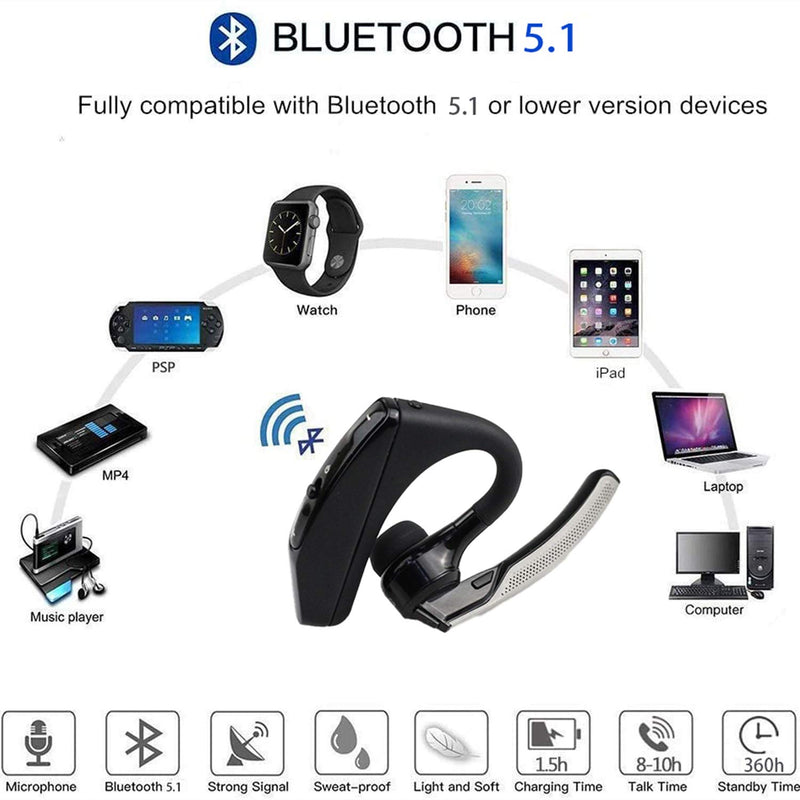 Bluetooth Headset V5.1 ，Noise Cancelling Wireless Bluetooth Earpiece with Built-in Mic Hand-Free for Driver Trucker/Business/Office, Compatible with iPhone and Android