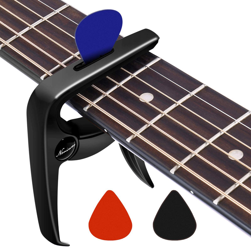 Guitar Capo NANIWAN 3 IN 1 Zinc Alloy Capo for Acoustic Guitar, Electric Guitar, Ukulele, Banjo, Mandolin, Bass guitar with Pick Holder and 3 Picks, Guitar Gifts Black Metallic Black