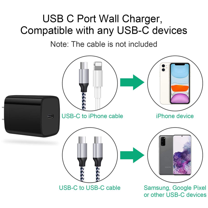 USB C Wall Charger, FiveBox [1Pack] 20W Fast PD Wall Adapter Charger Type C Plug Block Brick Cube Box Compatible iPhone 13/12 Mini Pro Max, 11 Pro/Max/XS/XR/X/8/8 Plus, Google Pixel, Samsung S21 1pc black