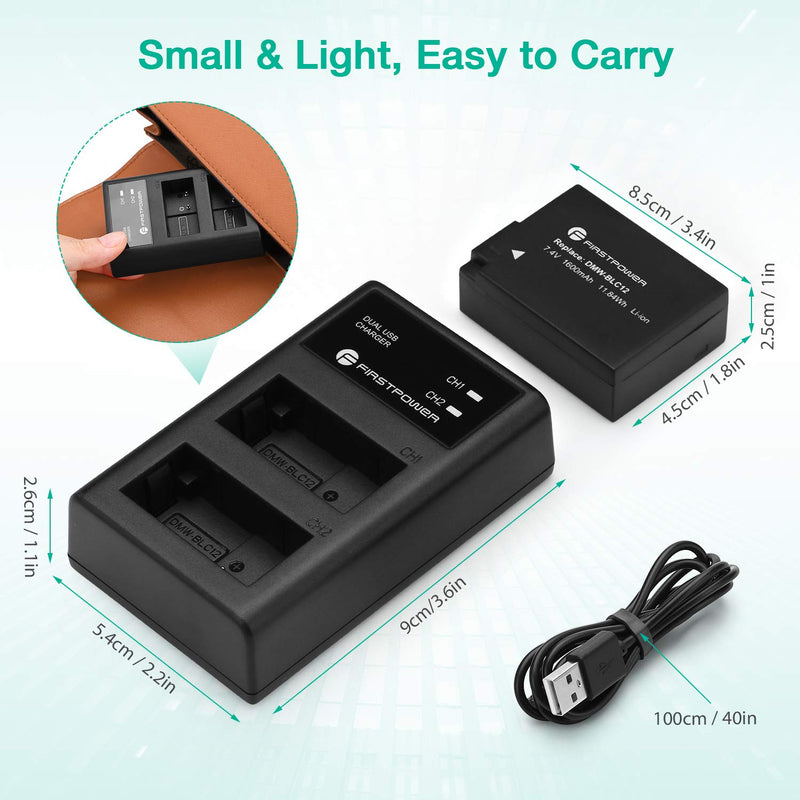 FirstPower DMW-BLC12 Battery and Dual USB Charger for Panasonic Lumix DMC-G7, DMC-FZ1000, DMC-FZ200, DMC-G5, DMC-G6, DMC-GX8, DMC-G85, DMC-GH2