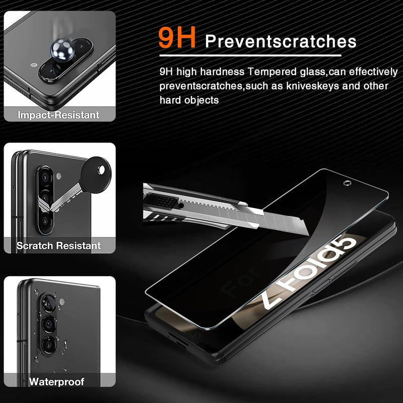 [6-in-1] Milomdoi for Samsung Galaxy Z Fold 5 Privacy Screen Protector [2 Pack Inside and 2 Pack Front] With 2 Pack Tempered Glass Camera Lens Protector with Mounting Positioner Accessories No bubbles transparent Z Fold 5 7.6 Inch