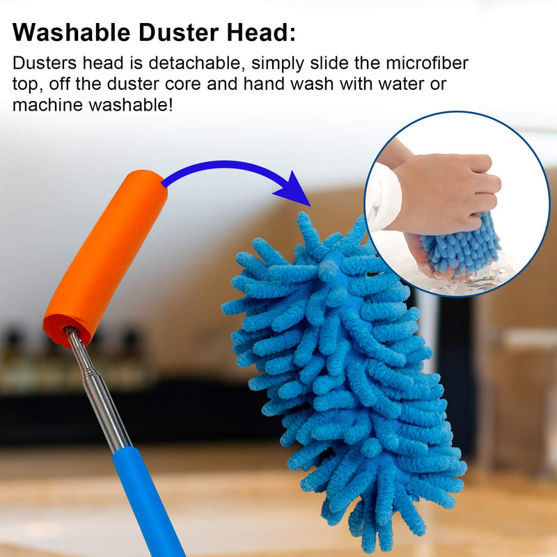 Microfiber Duster for Cleaning, Dusters with Telescoping Extension Pole, Extendable Washable Mini Dusters for Cleaning Car, Window, Furniture, Office (Blue and Grey) Blue and Grey