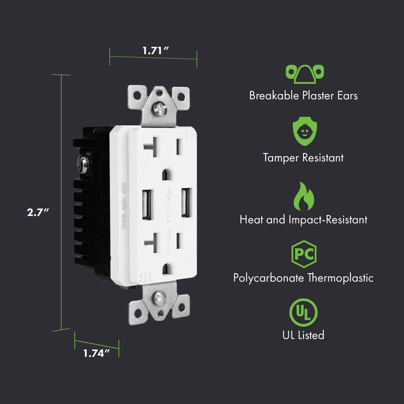 TOPGREENER USB Wall Outlet 4A USB Outlet, 20A TR Receptacle, Compatible with iPhone SE/11/XS/XR/X/8, Samsung Galaxy S20/S10/S9/Note, LG, HTC & More, TU2204A, White 20amp Type A