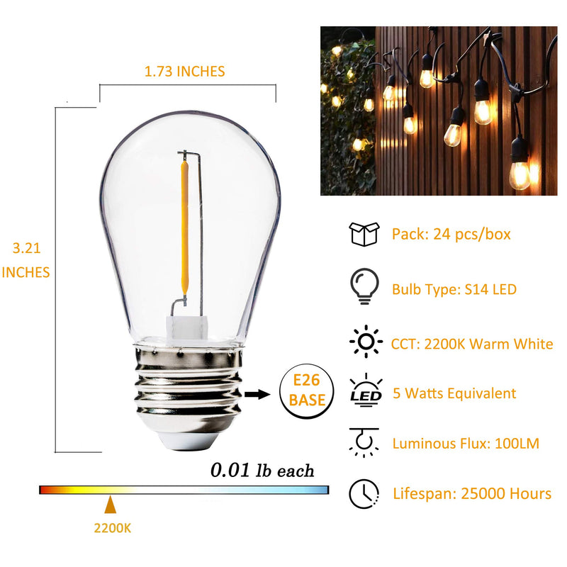 24 Pack LED S14 Replacement Light Bulbs, FLSNT Shatterproof Waterproof 1W Outdoor String Light Bulbs,E26 Regular Base,2200K Warm White,CRI80,Non-Dimmable