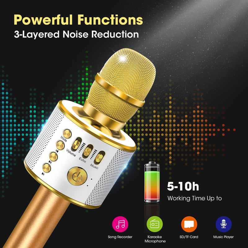 [AUSTRALIA] - Wireless Bluetooth Karaoke Microphone, 4-in-1 Portable Handheld Karaoke Mic Speaker Machine, Christmas Birthday Home Party for Android/iPhone/PC or All Smartphone Gold 