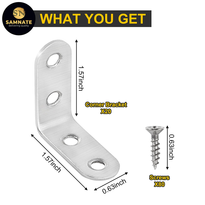 SAMNATE 20pcs Corner Brackets for Wood 40mmx40mmx16mmX2mm Stainless Metal Brackets Right Angle Steel,90 Degree L Shaped Angle Corner Braces Brackets 20pcs and 80pcs of Screws