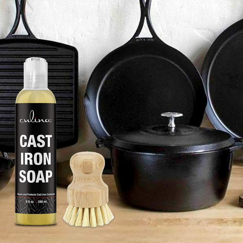 Culina Cast Iron Soap & brush | All Natural Ingredients | Best for Cleaning, Non-stick Cooking & Restoring | for Cast Iron Cookware, Skillets