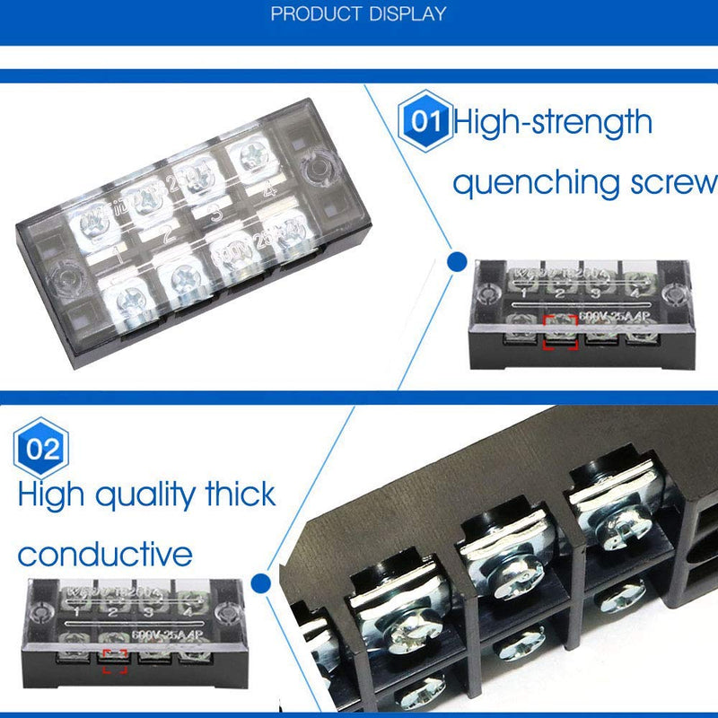 MEETOOT 4PCS 4 Positions Dual Row 600V 25A Screw Terminal Strip Blocks with Cover + 4PCS 4 Positions 15A Terminal Barrier Strips