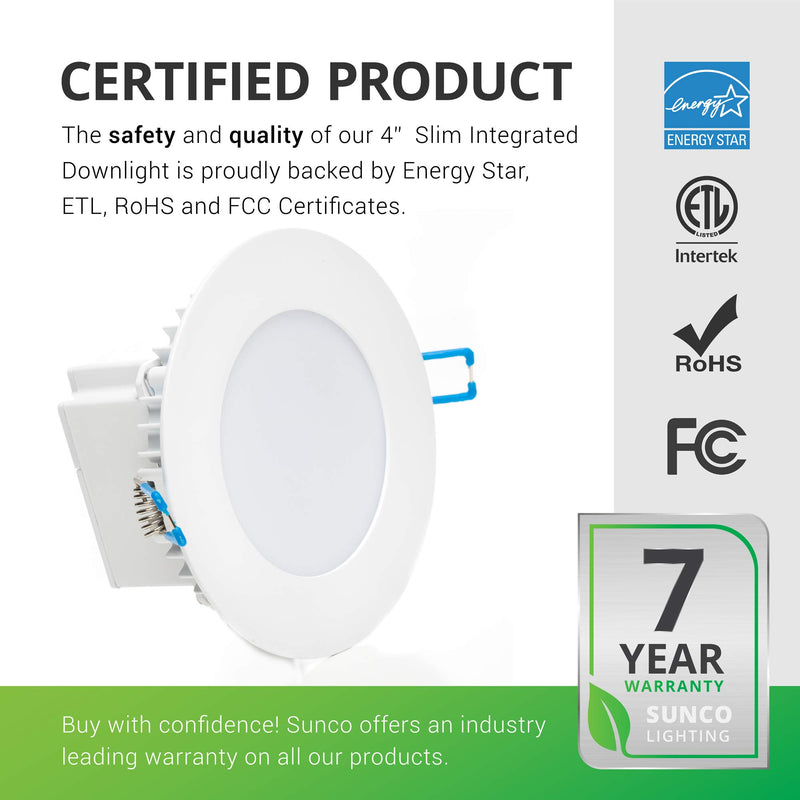 Sunco Lighting 4 Inch Slim LED Downlight, Integrated Junction Box,10W=60W, 650 LM, Dimmable, 5000K Daylight, Recessed Jbox Fixture, IC Rated, Simple Retrofit Installation - ETL & Energy Star