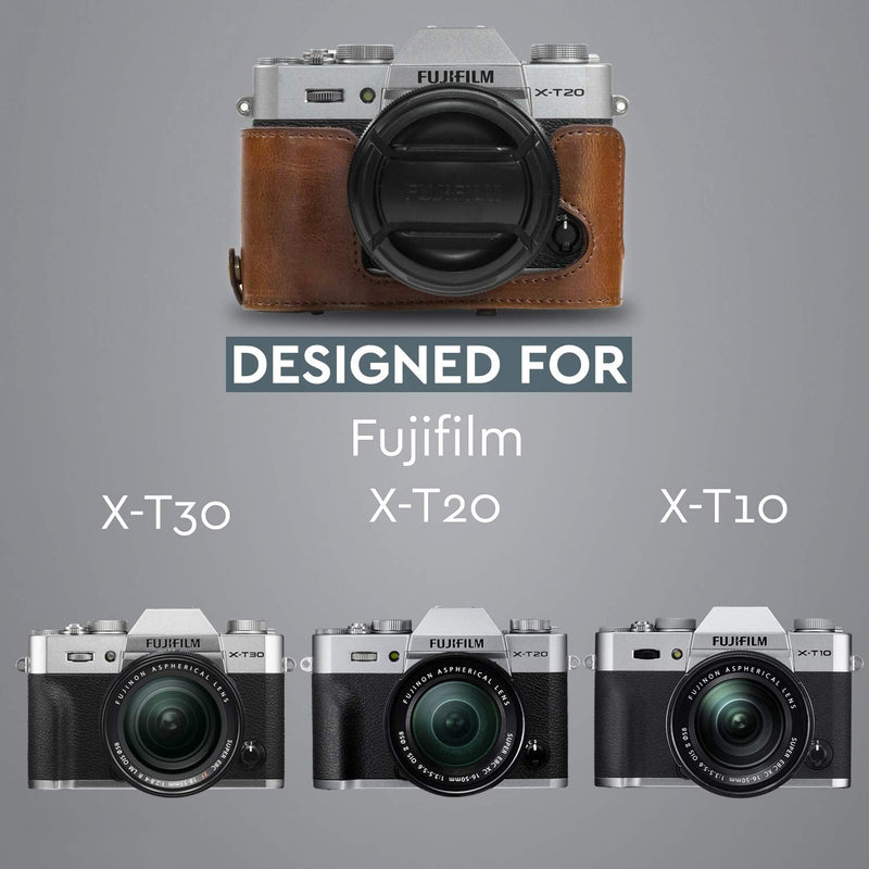 MegaGear Ever Ready Leather Camera Case and Strap Compatible with Fujifilm X-T30, X-T20, X-T10 (16-50mm / 18-55mm Lenses) Dark Brown