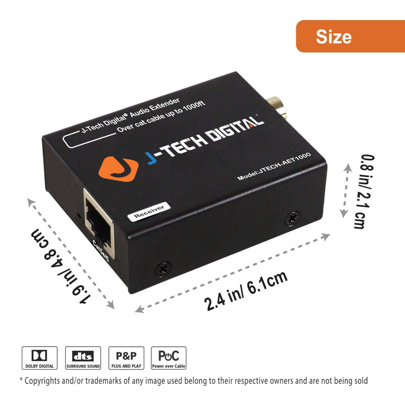 Digital Audio Extender Converter for Optical/Coaxial Audio Over Single Cat5e/6 Cable (PoC) up to 990’ (300m) for Dolby Digital, DTS 5.1, DTS-HD, PCM by J-Tech Digital [JTECH-AET1000] 990 FT