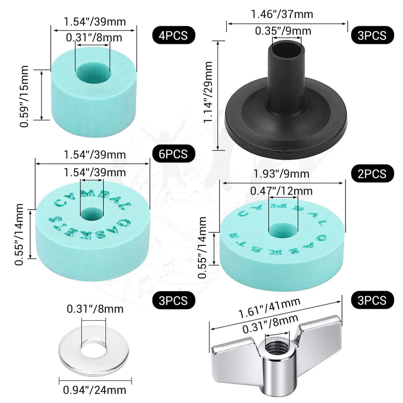 Facmogu 23PCS EVA Material Cymbal Replacement Accessories, Cymbal Stand Tubes, Drum Cymbal EVA Pads Include Wing Nuts, Washers, Cymbal Sleeves & Drum Key - Green
