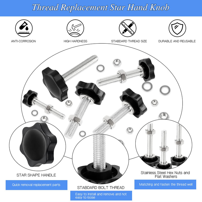 28 Sets M4 M5 M6 M8 Star Knobs Thread Replacement Star Hand Knob Tightening Screw Clamping Screw Knob with 28 Hex Nuts and 28 Flat Washers, Plastic Star Knobs Quick Removal Replacement Parts