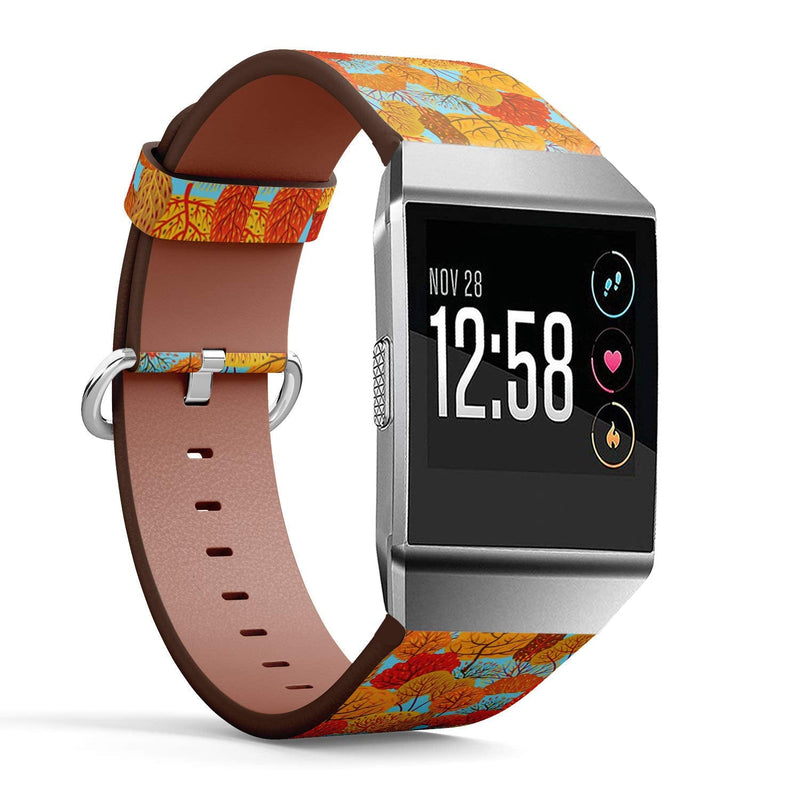 Compatible with Fitbit Ionic - Leather Watch Wrist Band Strap Bracelet with Stainless Steel Clasp and Adapters (Autumn Stylized Trees)