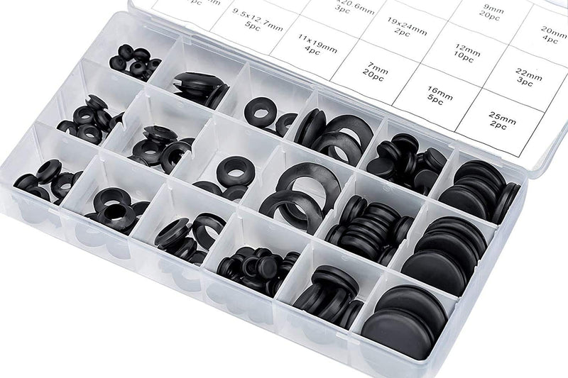 125PCS Rubber Grommet Assortment Kit 18 Sizes Black Rubber Grommet Electrical Conductor Gasket Ring Assortment Kit for Protecting Wires, Plugs and Cables