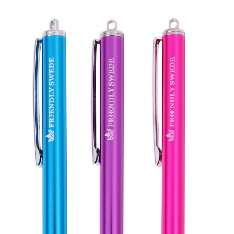 The Friendly Swede Stylus Pen Replaceable Micro-Knit Mesh Tip - Capacitive Touchscreen Stylus, Tablet Styli with Lanyards, Touch Screen Cleaning Cloth and Replacement Tips (3 Pack) Hot Pink + Light Blue + Purple