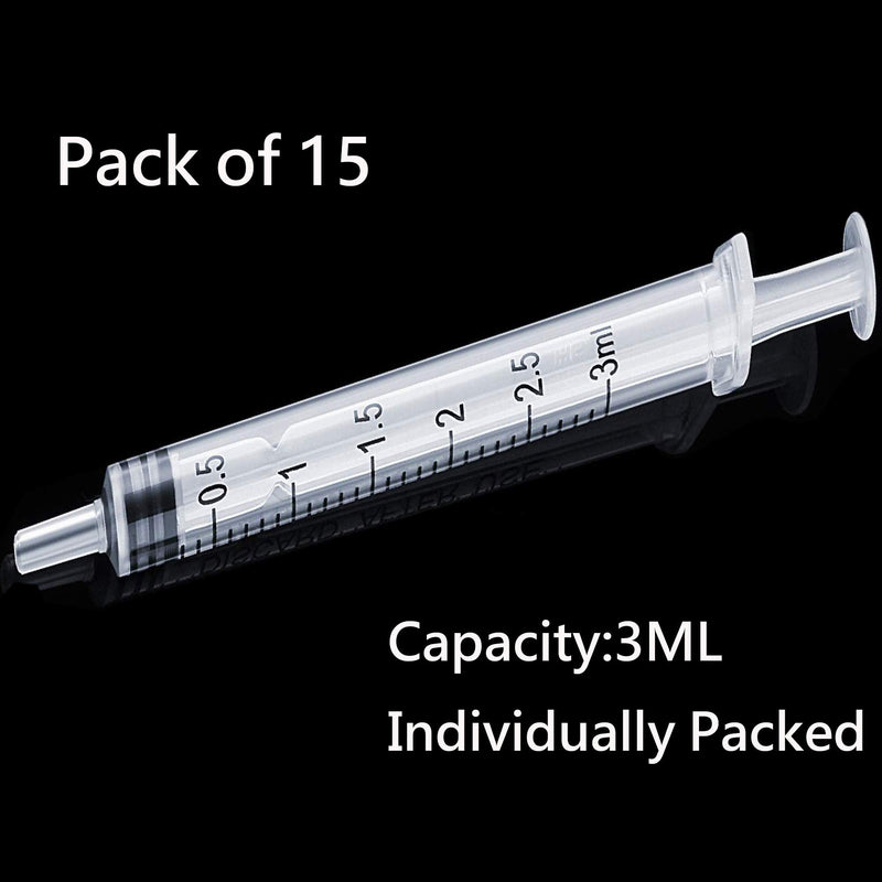 15 Pack 3ml 3cc Plastic Syringe with Measurement, Without Needle, Individual Sealed Wrapped for Refilling and Measuring Liquids, Scientific Labs, Feeding Pets or Little Animals