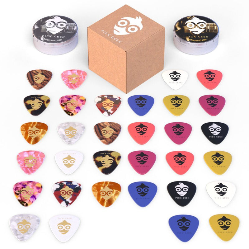 Pick Geek Cube - 2 Sets of Premium Guitar Picks for your Electric, Acoustic or Bass Guitar - Celluloid & Delrin - X Heavy, Heavy, Medium & Light - In 2 Metal Pocket Boxes - A Perfect Gift - Guaranteed Pick Geek Cube