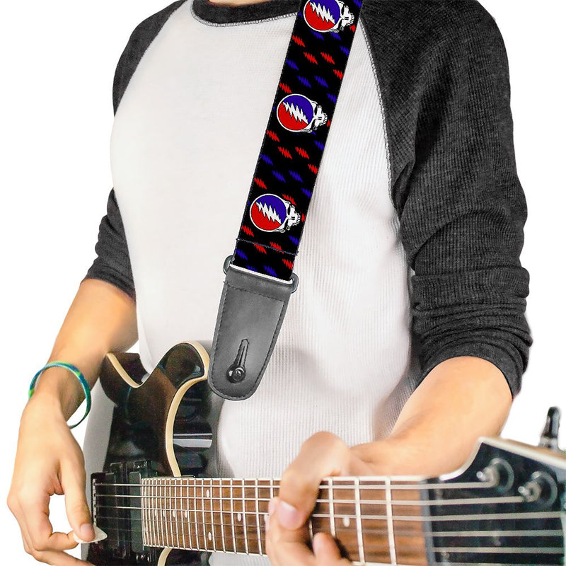 Guitar Strap Steal Your Face Mini Lightning Bolt Black Red White Blue 2 Inches Wide