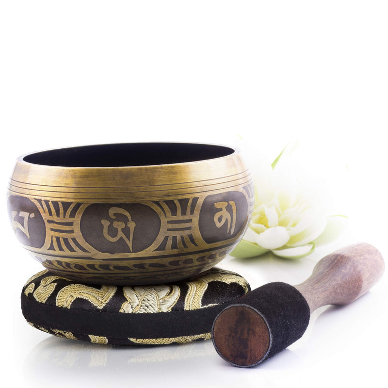 Tibetan Singing Bowl Set — Easy to Play ~ Creates Beautiful Sound for Holistic Healing, Stress Relief, Meditation & Relaxation ~ Gratitude Pattern~ Antique Dark Brown Bowl, Black Pillow