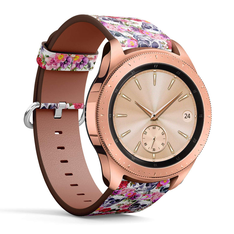 Compatible with Samsung Galaxy Watch (42mm) - Leather Watch Wrist Band Strap Bracelet with Quick-Release Pins (Human Skulls Flowers Dia De)
