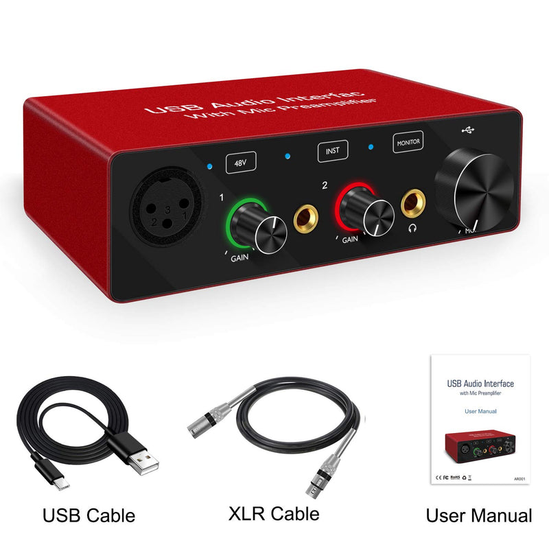 USB Audio Interface with Mic Preamplifier XRL audio interface 48v 2 channel for streaming Support Instrument Guitar or Bass Smartphone Tablet Computer and Other Equipment Recording
