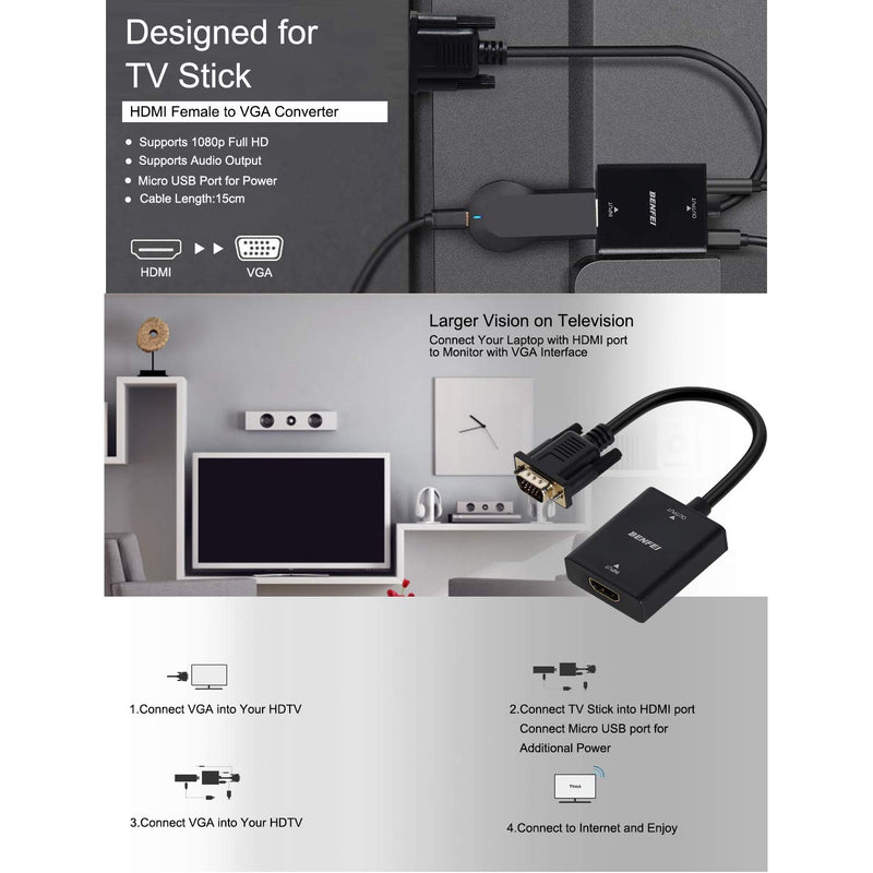 HDMI to VGA, Benfei HDMI to VGA Adapter (Female to Male) with 3.5mm Audio Jack Compatible for TV Stick, Computer, Desktop, Laptop, PC, Monitor, Projector, Raspberry Pi, Roku, Xbox and More - Black